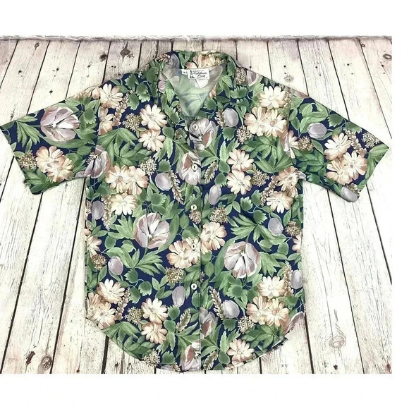 VTG Floral Button Up Blouse Top SMALL Short Sleeve Lighthouse Point Green Pink - Picture 7 of 12